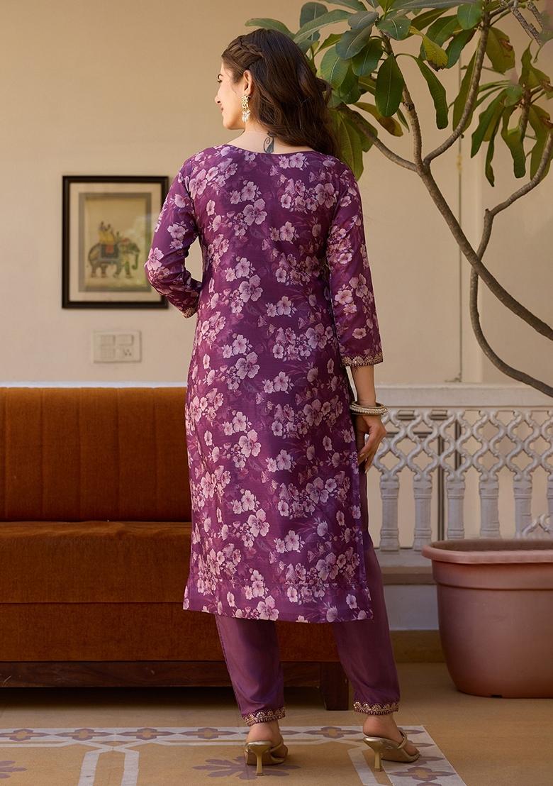 Purple Embroidered Chinon Salwar Kameez With Dupatta - Indya