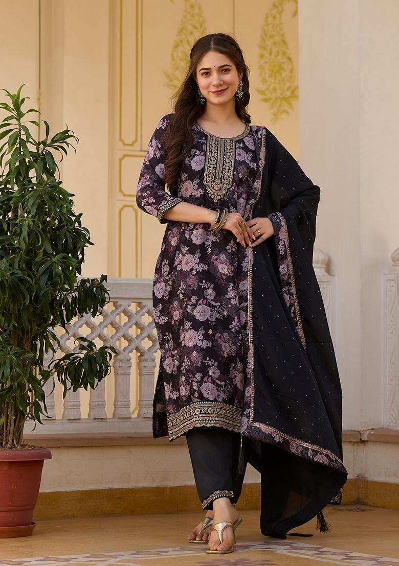 Black Embroidered Chinon Salwar Kameez With Dupatta - Indya