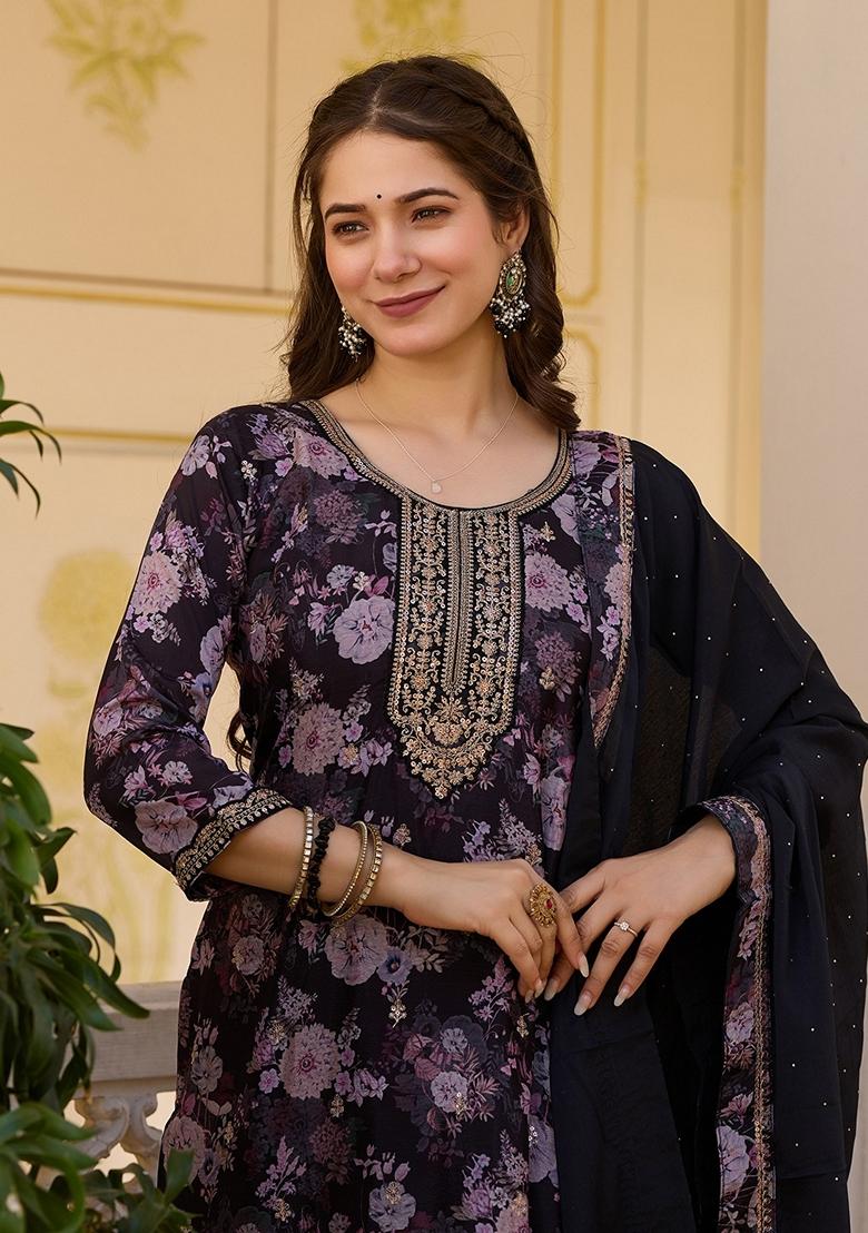 Black Embroidered Chinon Salwar Kameez With Dupatta - Indya