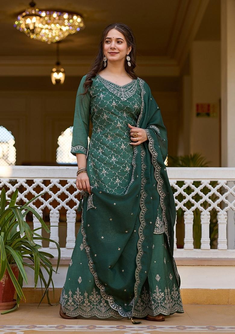 Green Embroidered Chinon Palazzo Set With Dupatta - Indya