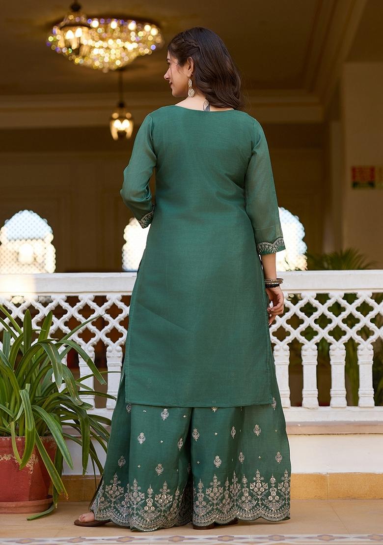 Green Embroidered Chinon Palazzo Set With Dupatta - Indya
