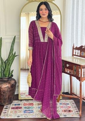 Purple Embroidered Georgette Anarkali Set With Dupatta