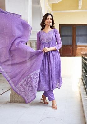 Purple Embroidered Cotton Salwar Kameez With Dupatta