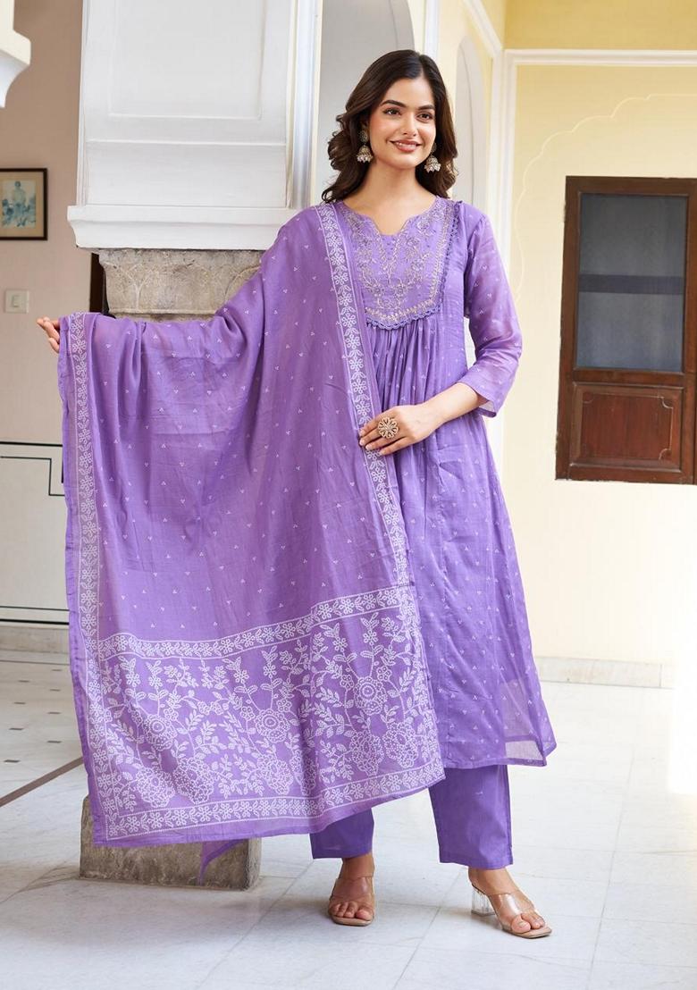 Purple Embroidered Cotton Salwar Kameez With Dupatta - Indya
