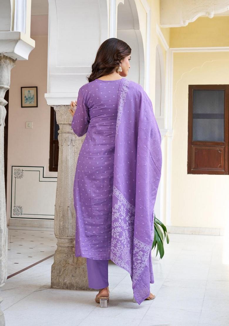 Purple Embroidered Cotton Salwar Kameez With Dupatta - Indya