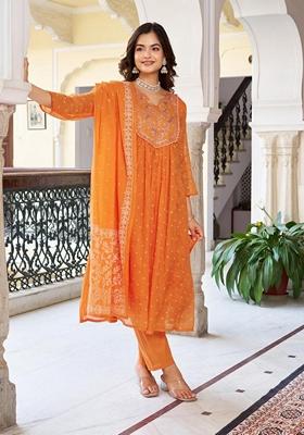 Orange Embroidered Cotton Salwar Kameez With Dupatta