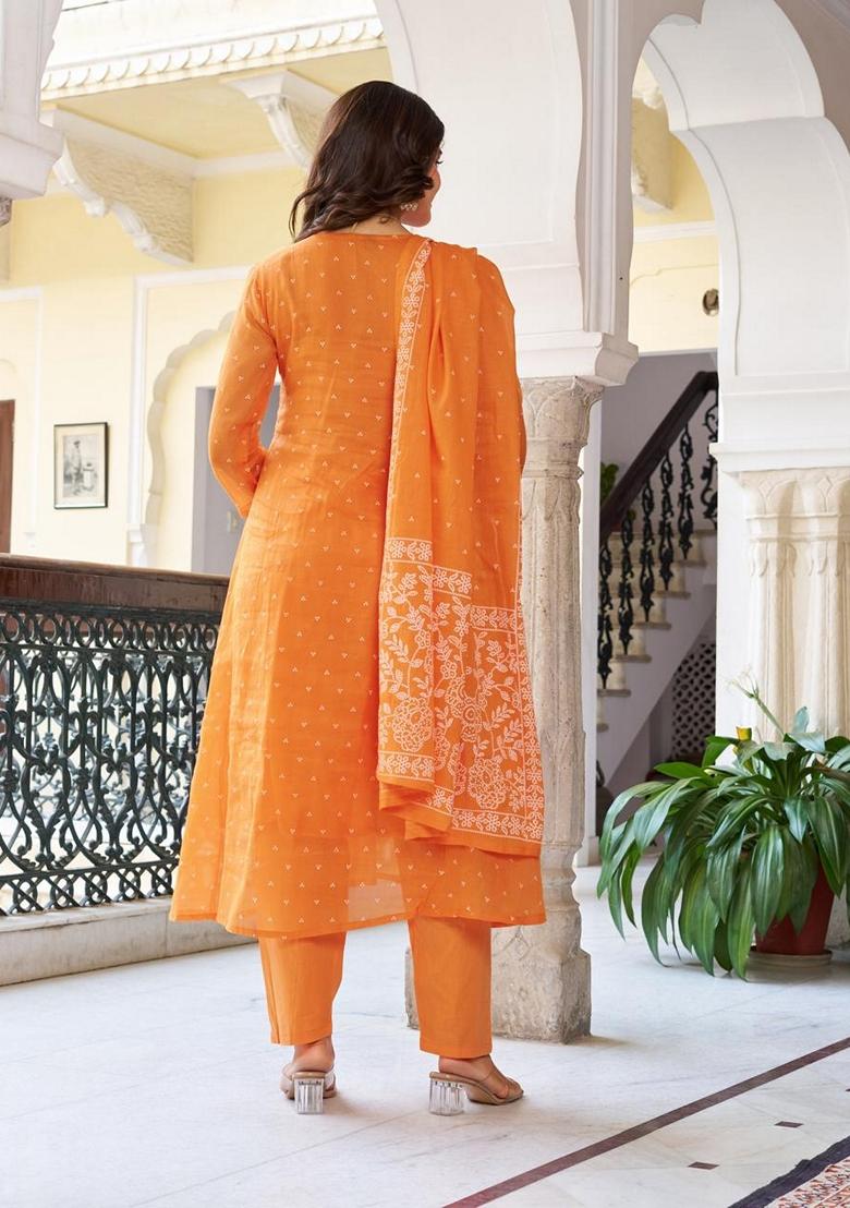 Orange Embroidered Cotton Salwar Kameez With Dupatta - Indya