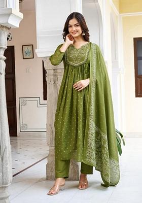 Green Embroidered Cotton Salwar Kameez With Dupatta