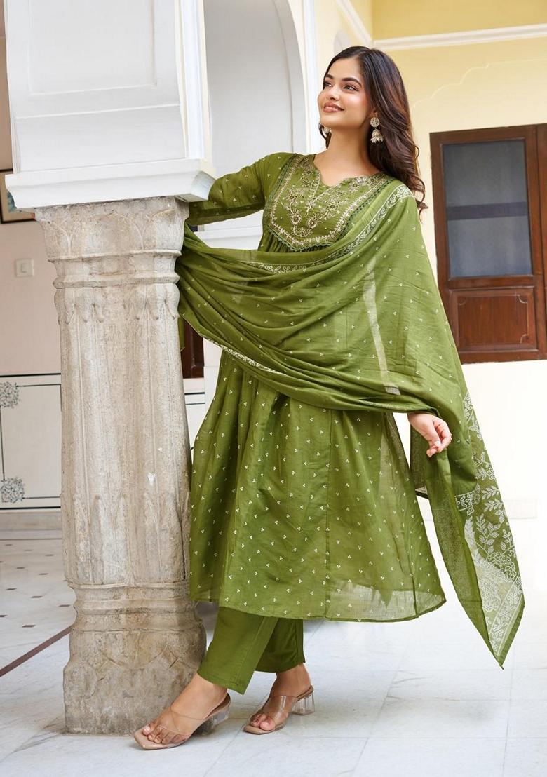Green Embroidered Cotton Salwar Kameez With Dupatta - Indya