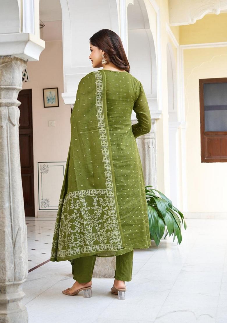 Green Embroidered Cotton Salwar Kameez With Dupatta - Indya