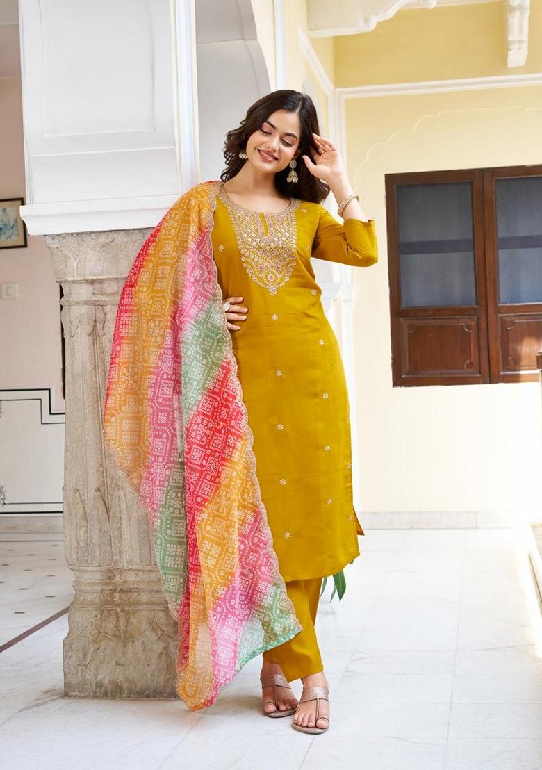 Red Embroidered Chanderi Salwar Kameez With Dupatta - Indya