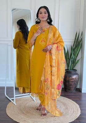 Red Embroidered Silk Salwar Kameez With Dupatta