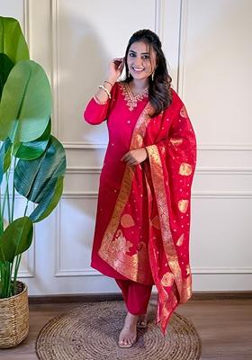 Pink Embroidered Viscose Salwar Kameez With Dupatta