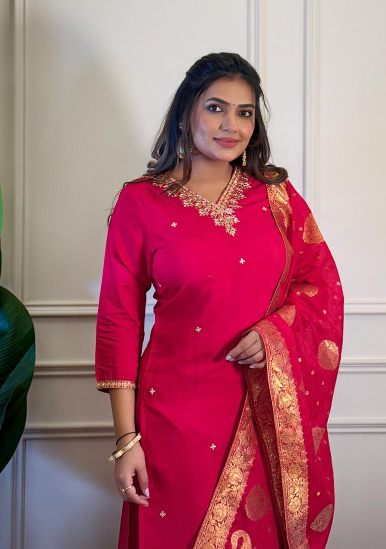 Pink Embroidered Viscose Salwar Kameez With Dupatta - Indya