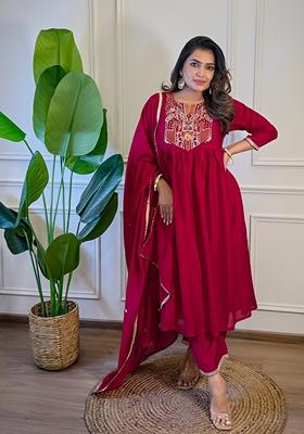 Pink Embroidered Silk Anarkali Set With Dupatta
