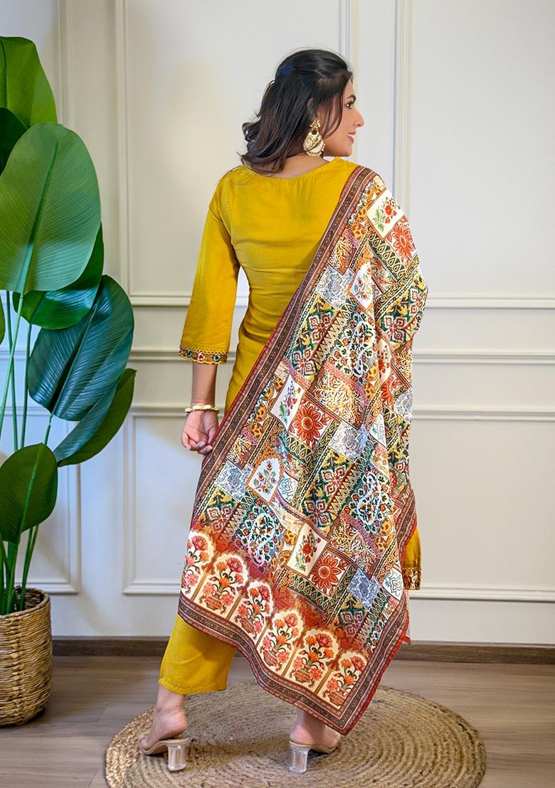 Red Embroidered Viscose Salwar Kameez With Dupatta - Indya