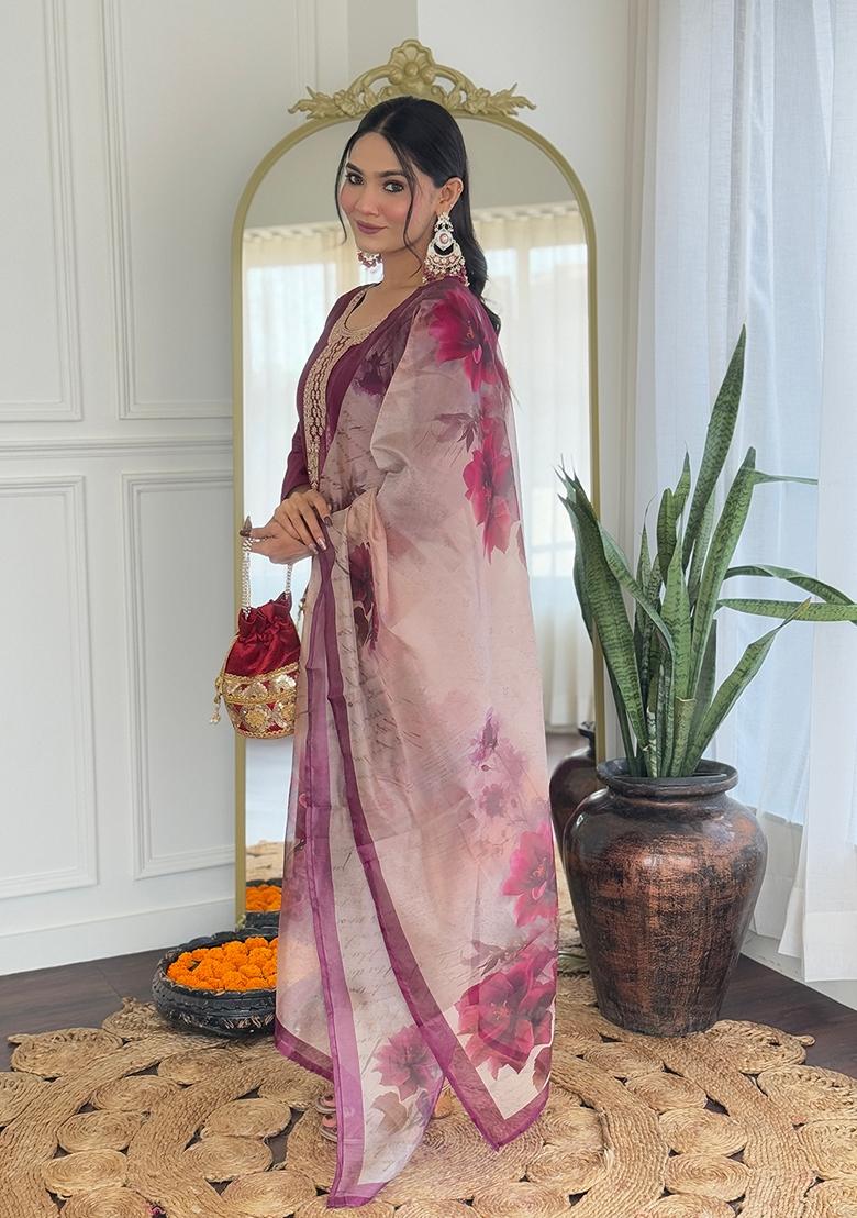 Wine Embroidered Rayon Salwar Kameez With Dupatta - Indya