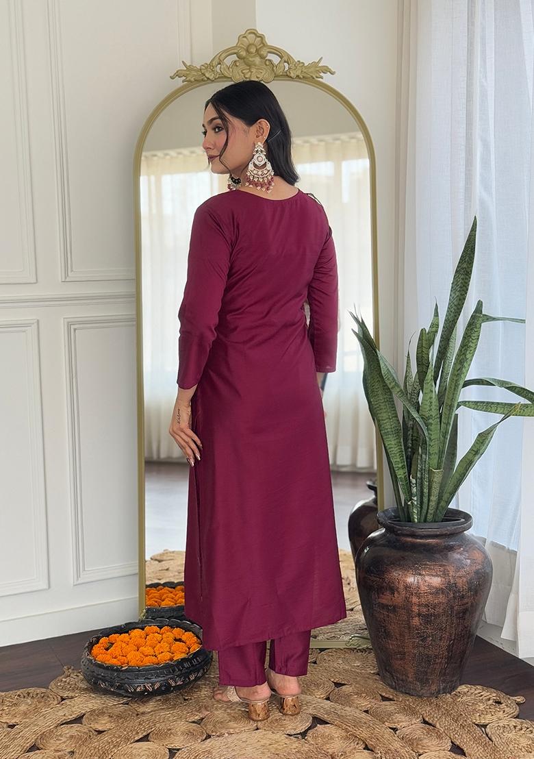 Wine Embroidered Rayon Salwar Kameez With Dupatta - Indya