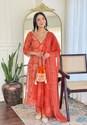 Orange Embroidered Rayon Salwar Kameez With Dupatta