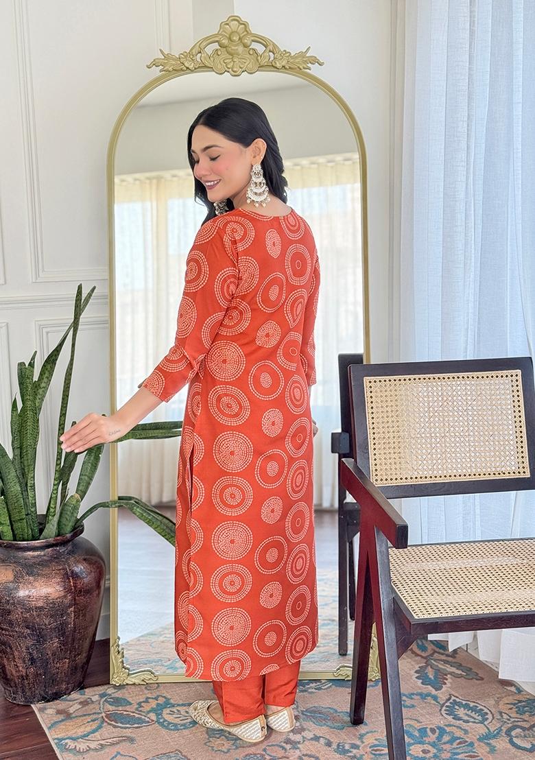 Orange Embroidered Rayon Salwar Kameez With Dupatta - Indya