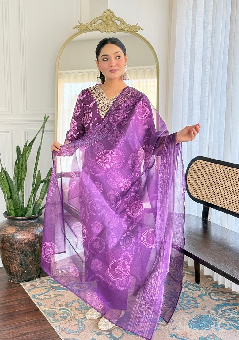Purple Embroidered Rayon Salwar Kameez With Dupatta - Indya