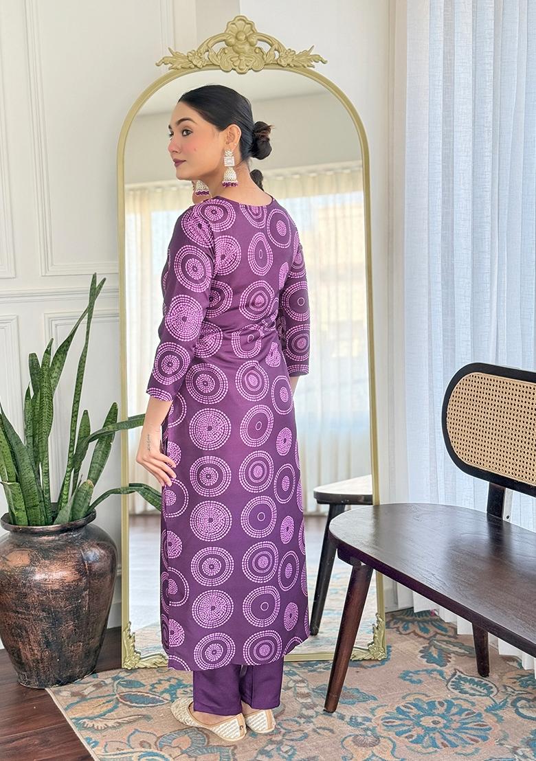 Purple Embroidered Rayon Salwar Kameez With Dupatta - Indya