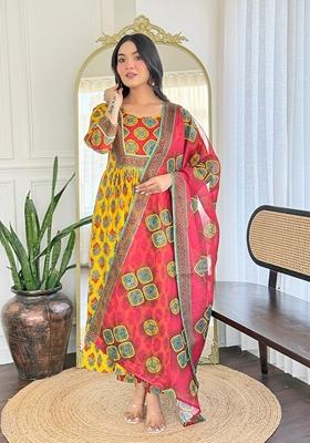 Yellow Embroidered Rayon Anarkali Set With Dupatta