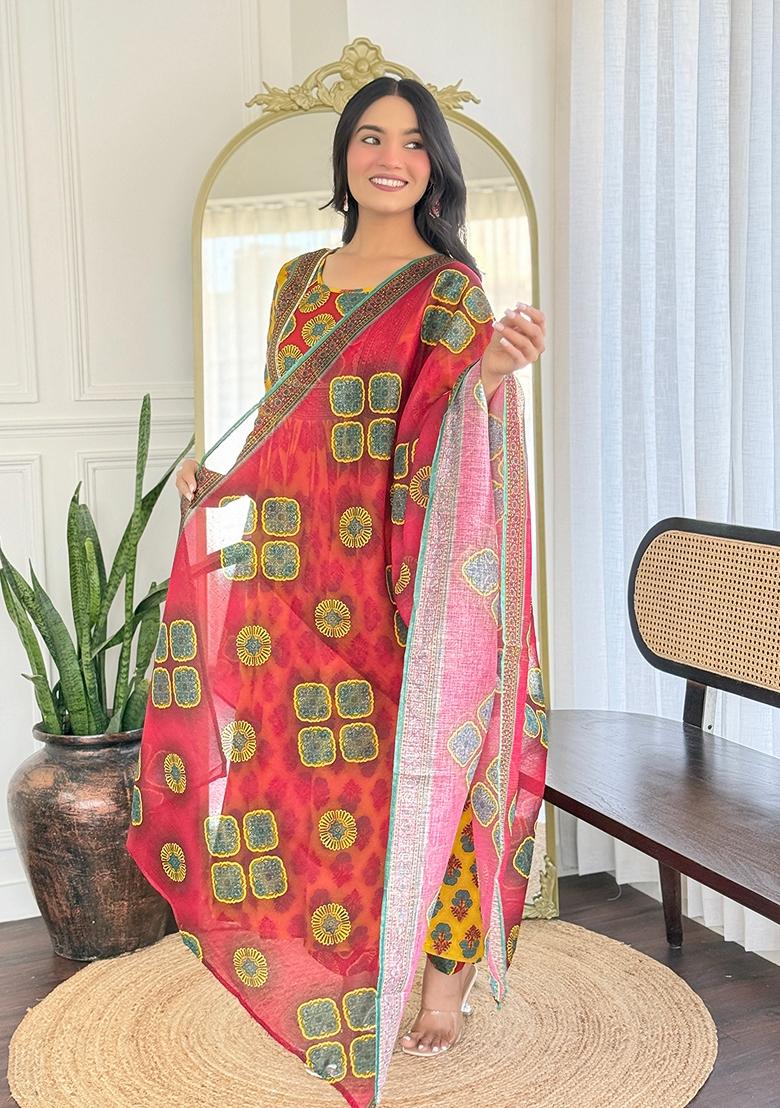 Yellow Embroidered Rayon Anarkali Set With Dupatta - Indya