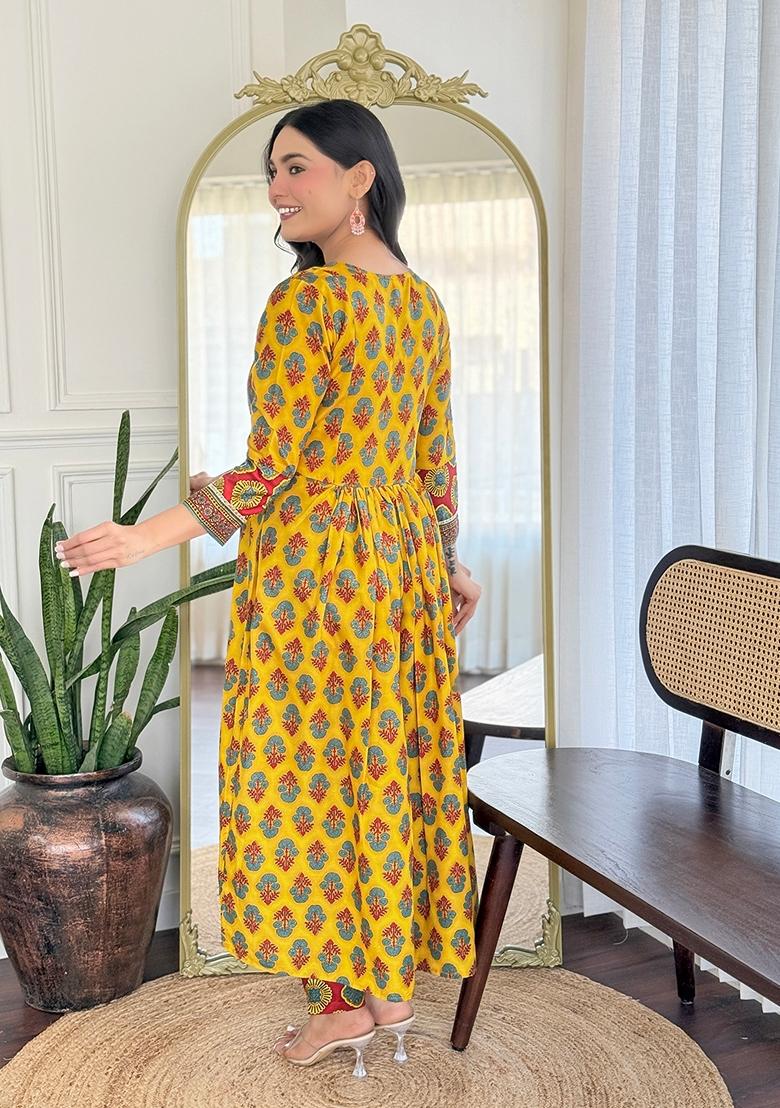 Yellow Embroidered Rayon Anarkali Set With Dupatta - Indya