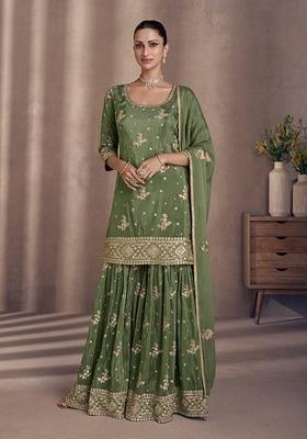 Green Embroidered Silk Sharara Set With Dupatta