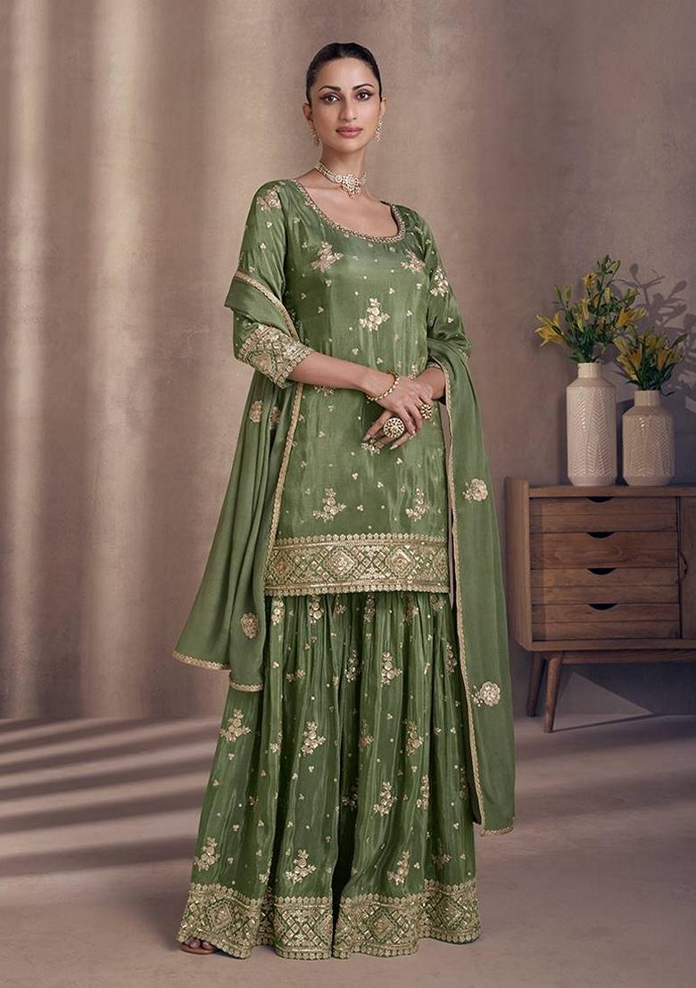 Green Embroidered Silk Sharara Set With Dupatta - Indya