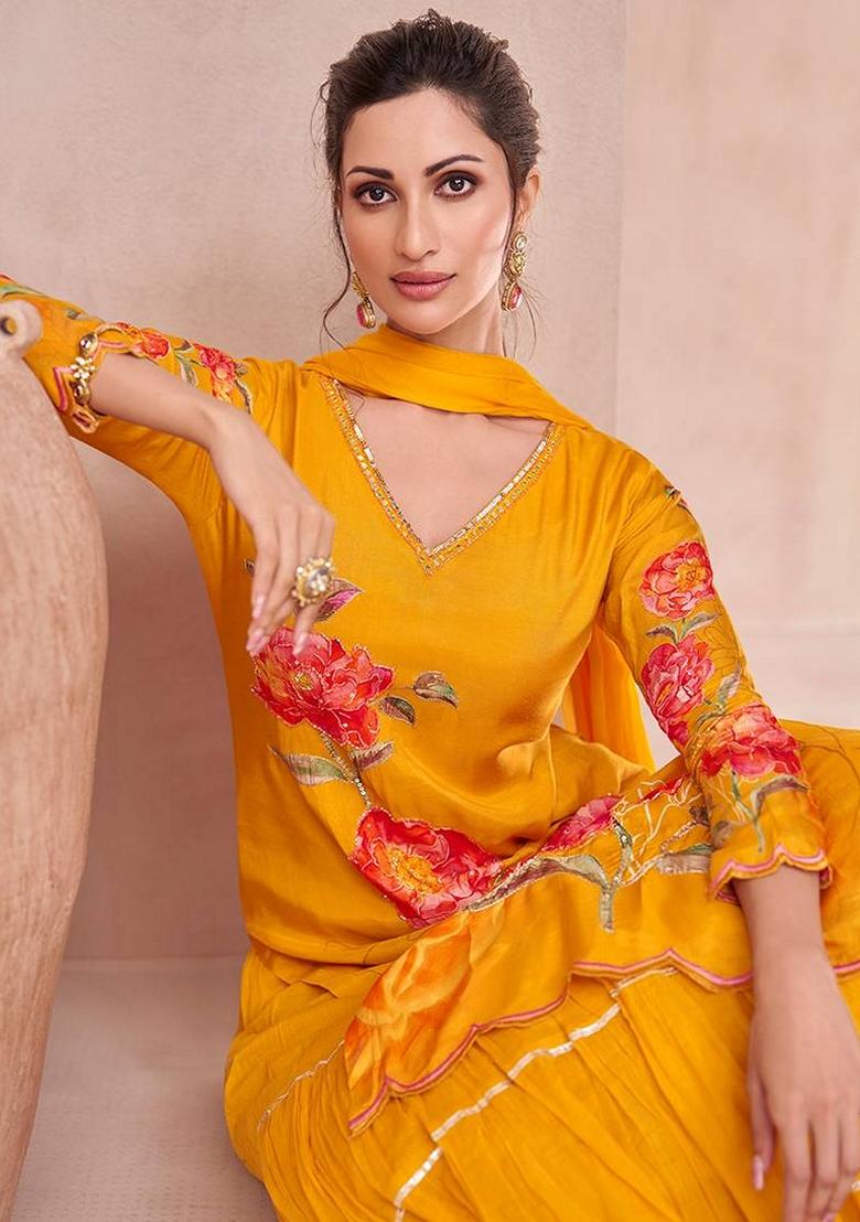 Red Embroidered Cotton Salwar Kameez With Dupatta - Indya