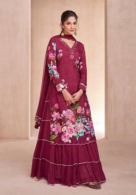 Wine Embroidered Cotton Salwar Kameez With Dupatta