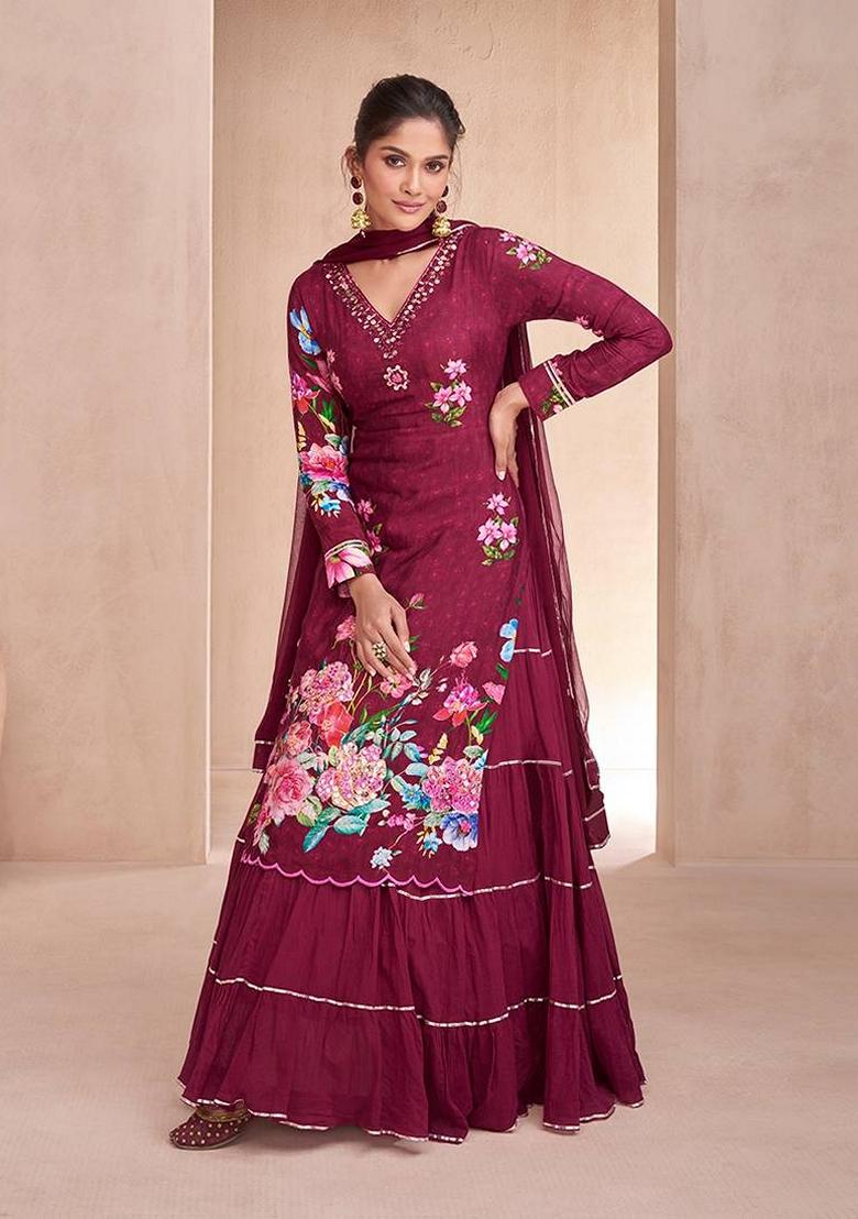 Wine Embroidered Cotton Salwar Kameez With Dupatta - Indya