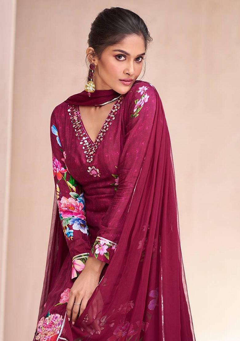 Wine Embroidered Cotton Salwar Kameez With Dupatta - Indya