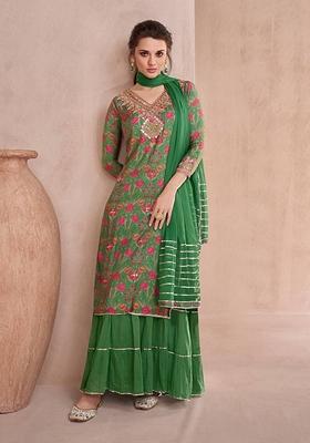 Green Embroidered Cotton Salwar Kameez With Dupatta