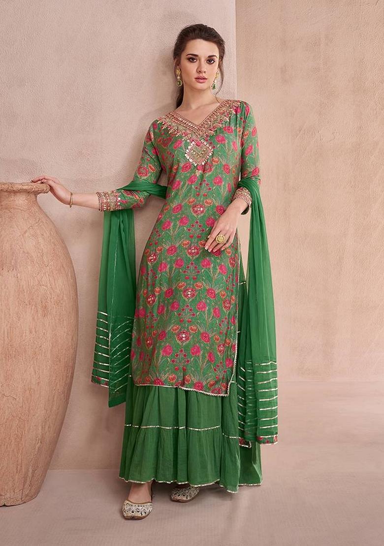 Green Embroidered Cotton Salwar Kameez With Dupatta - Indya