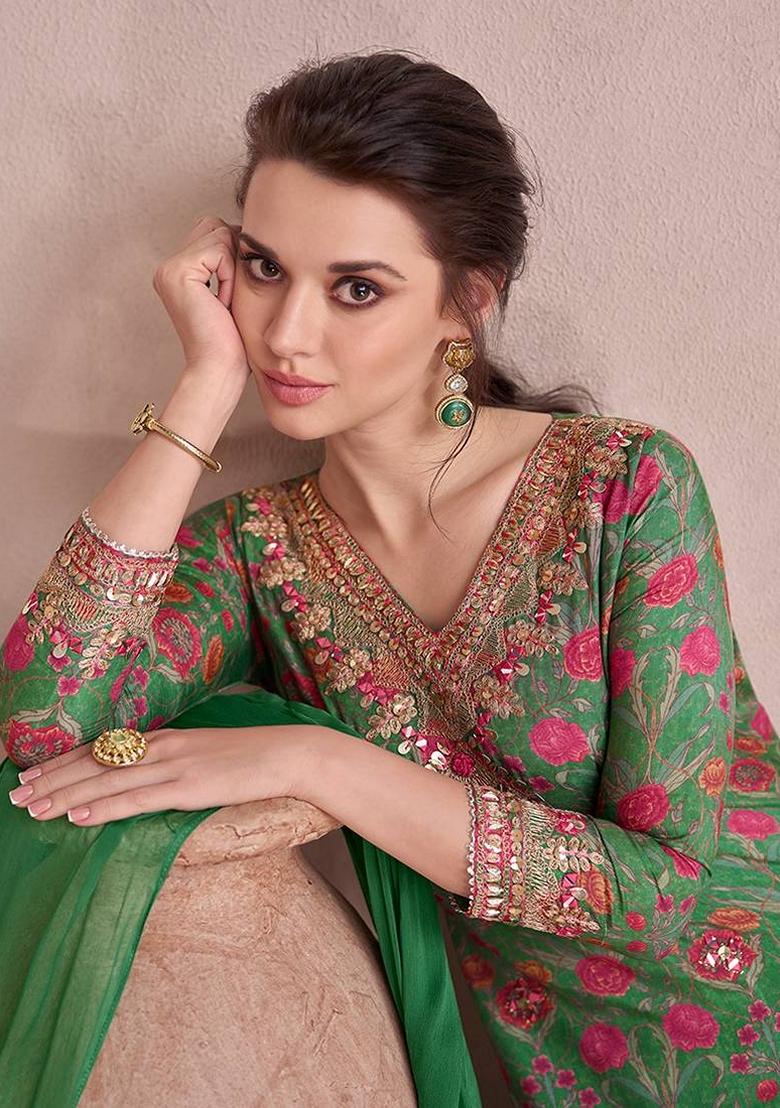 Green Embroidered Cotton Salwar Kameez With Dupatta - Indya
