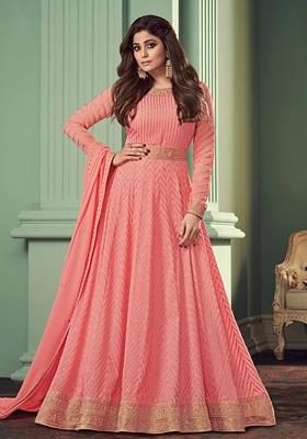 Pink Embroidered Georgette Anarkali Set With Dupatta