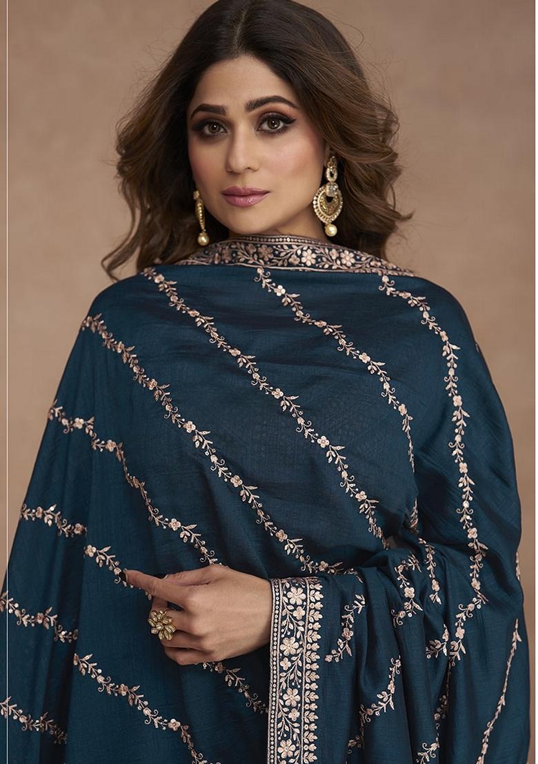 Blue Embroidered Silk Salwar Kameez With Dupatta - Indya