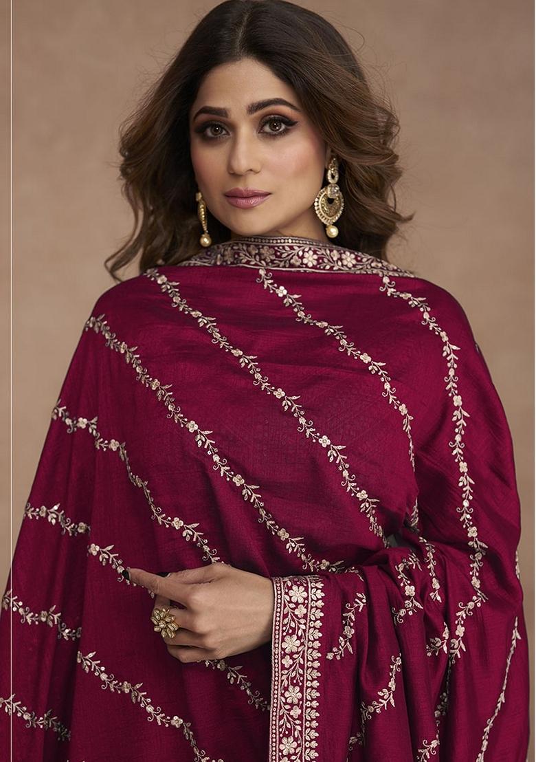 Pink Embroidered Silk Salwar Kameez With Dupatta - Indya