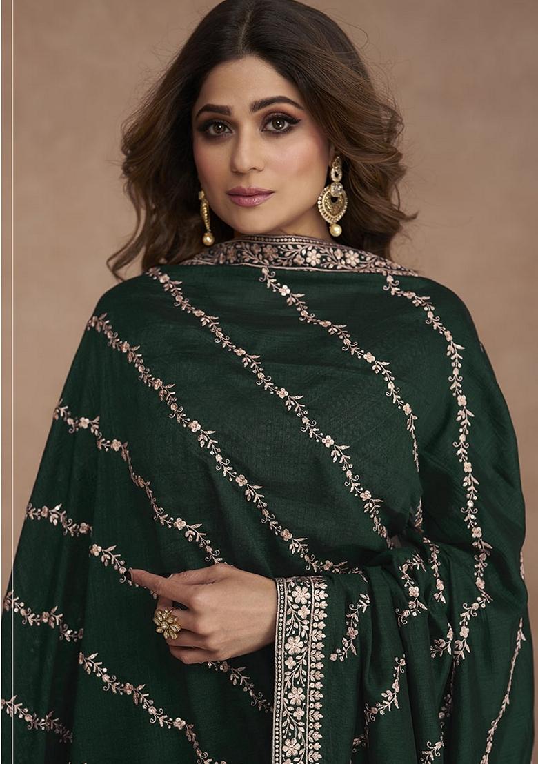 Green Embroidered Silk Salwar Kameez With Dupatta - Indya