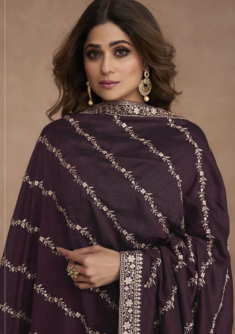 Maroon Embroidered Silk Salwar Kameez With Dupatta - Indya