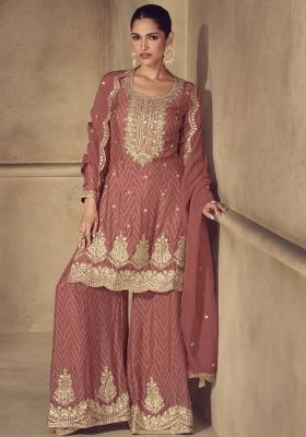 Brown Embroidered Silk Salwar Kameez With Dupatta