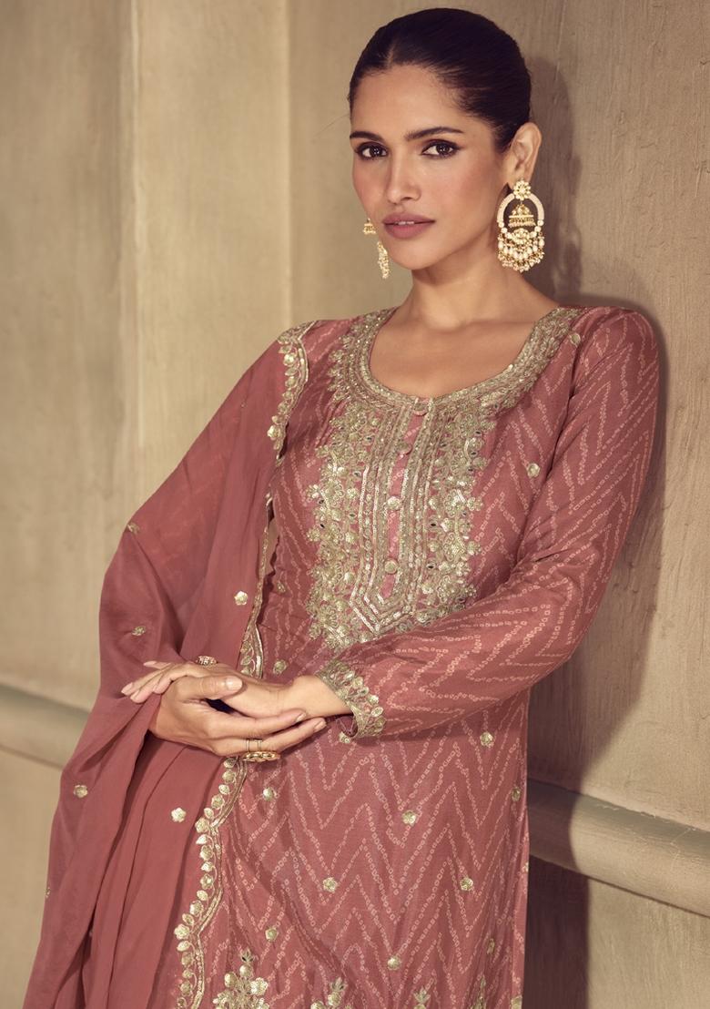 Brown Embroidered Silk Salwar Kameez With Dupatta - Indya