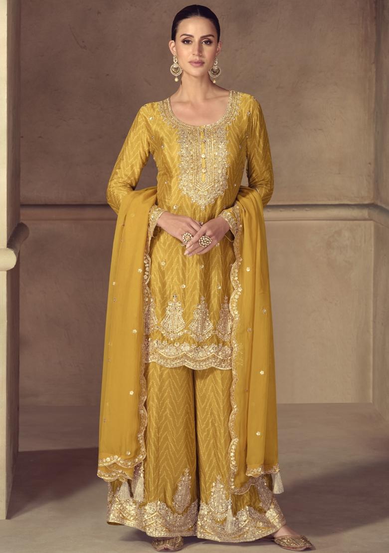 Yellow Embroidered Silk Salwar Kameez With Dupatta - Indya