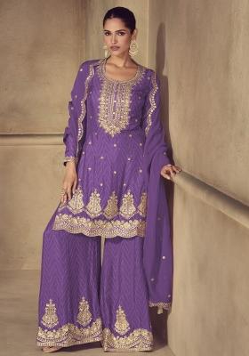 Purple Embroidered Silk Salwar Kameez With Dupatta