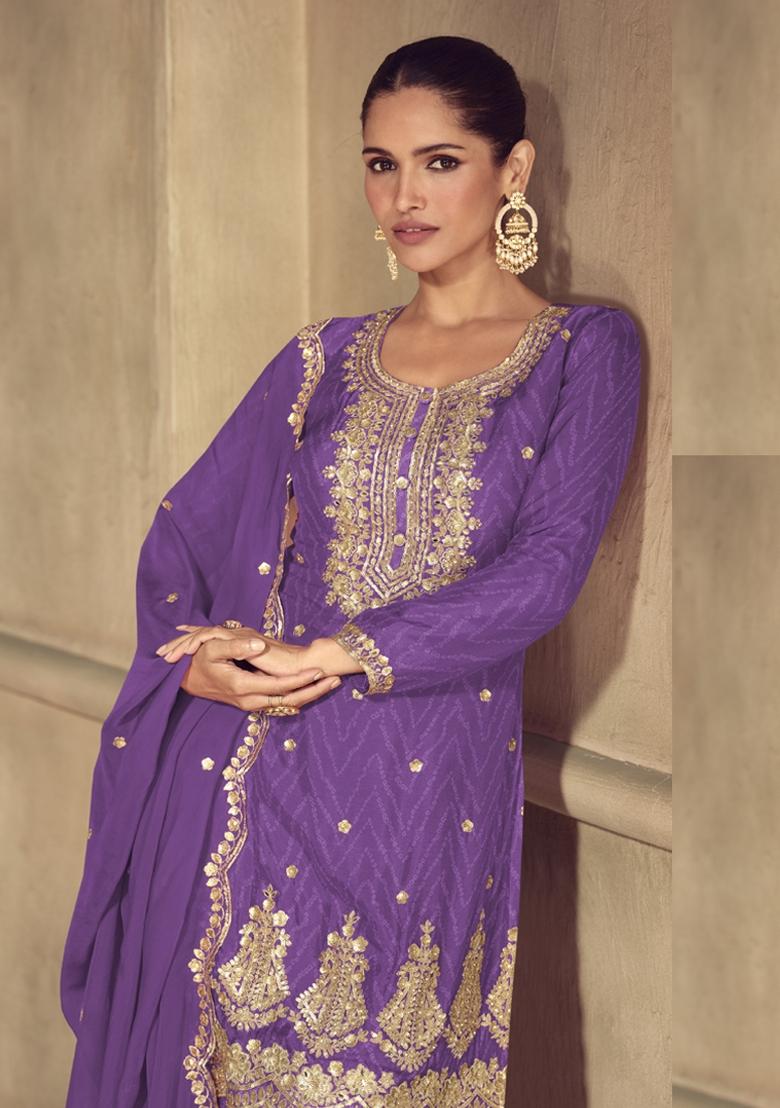 Purple Embroidered Silk Salwar Kameez With Dupatta - Indya