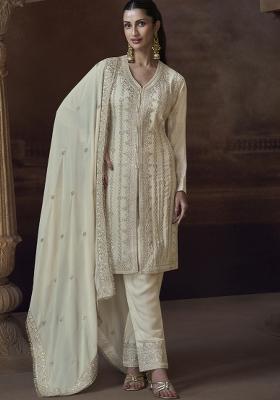 White Embroidered Silk Salwar Kameez With Dupatta