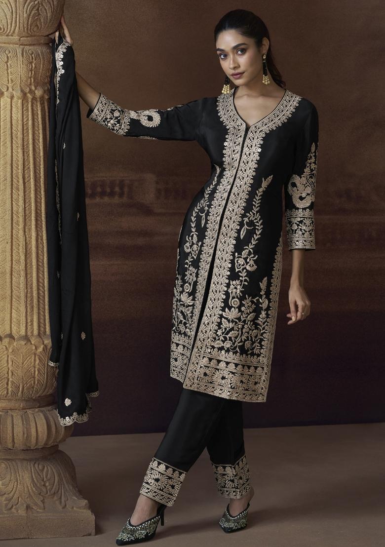Black Embroidered Silk Salwar Kameez With Dupatta - Indya